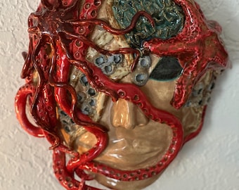 The Tidekeeper - Handcrafted Ceramic Sea Siren Mask | Oceanic Female Wall Art | Mermaid Sea-Creature