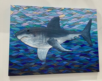 ホオジロザメ　アクリル画　原画 オリジナル絵画 - 「本能」 30x40インチ キャンバスに描かれた