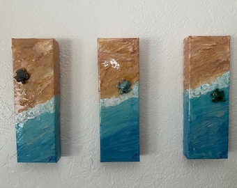 Sea Turtle Beach Canvas Set – Coastal Ocean Wall Art – Resin Wave Painting – Tropical Shoreline Decor – Florida Beach House Art – Set of 3