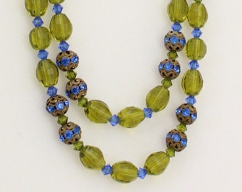 1950s Green Blue HOBE 2 Strand Glass Bead Austrian Crystal GT Necklace