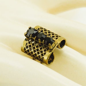 60s Rolled Lattice Dark Garnet RED Rhinestone German Ring: Adjustable Brass Shank