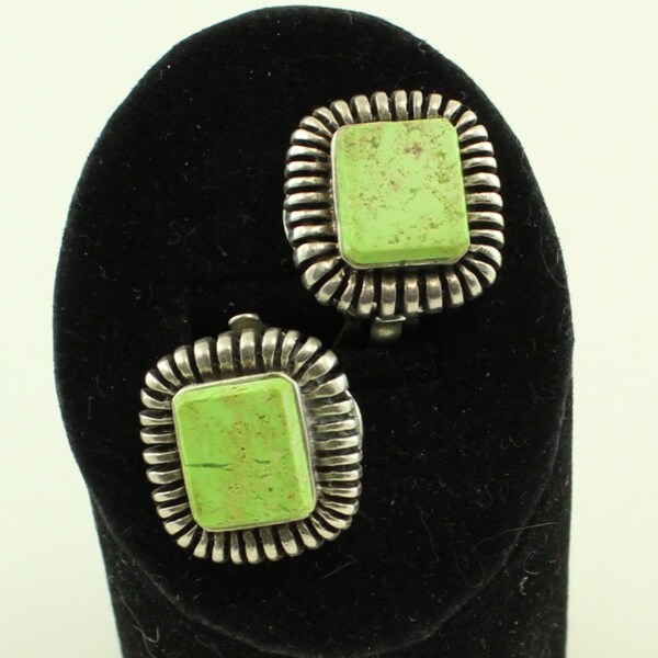 1990s Sterling Artisan Signed Clip Earrings; Lime Apple Green Turquoise; Charitable Donation
