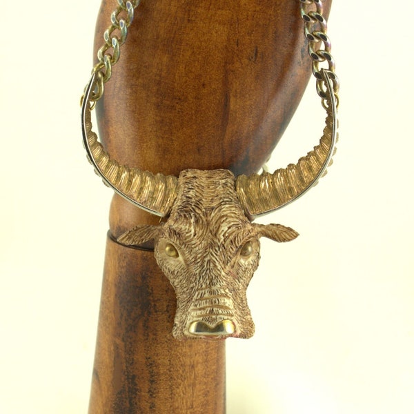 Huge 70s Designer RAZZA Horned Bull 70s GT Pendant Necklace; Astrological Taurus