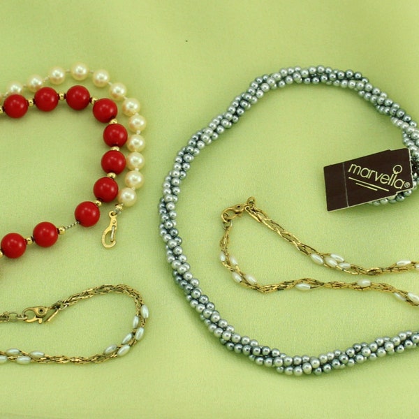 Designer Lot 70s MONET Red Bead MARVELLA Destash; Gray Faux Pearl Necklace Bracelets