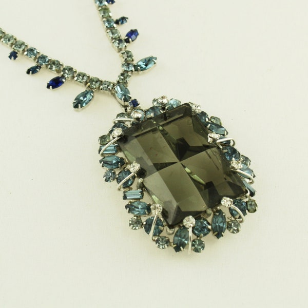 Convertible 60s WINDOW PANE Blue & Gray Rhinestone ST Pendant Necklace Pin