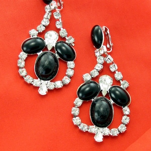 70s RED CARPET Long Dangle Drop Black Cab Rhinestone ST Earrings; Disaster Relief