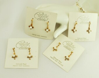 Designer PARK LANE 60s Cultured Pearl Post Dangle Drop GT Post Earrings; New Old Stock
