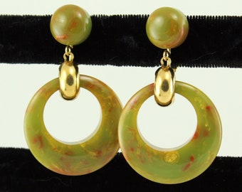 Book Piece BAKELITE 60s Olive Pimento Mustard MARBLED Dangle Drop Hoop Clip Earrings; Patent Pending