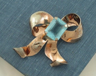 50s Blue Sky Ribbon Bow STERLING Silver RHINESTONE Pin Glass Stone; Charitable Donation