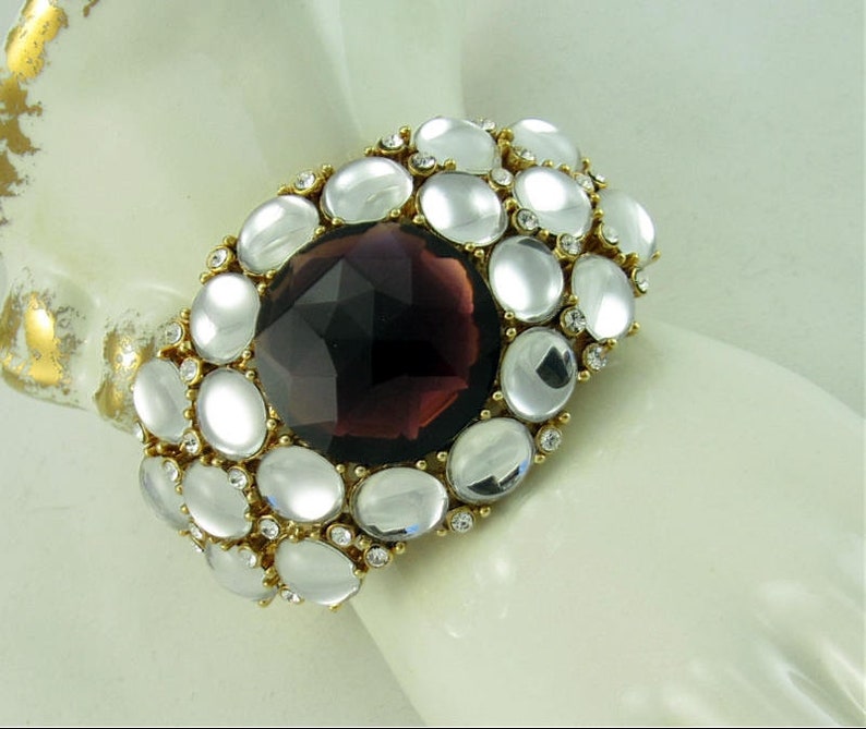 Retro Vintage SCAASI Purple Rhinestone Mirror Back Hinge Cuff Bracelet