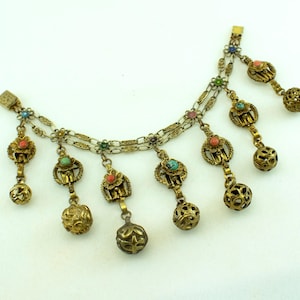 Century Old 20s Enamel Ornate CHINA Fringe Charm GT Brassy Bracelet; Disaster Relief
