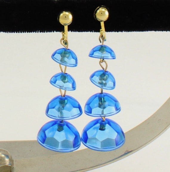 1960s Go-Go Girl Blue Bell Dangle Drop Clip Earri… - image 1