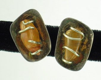 1940s LOS CASTILLO Mexico TAXCO Sterling Caged Honey Agate Stone Earrings