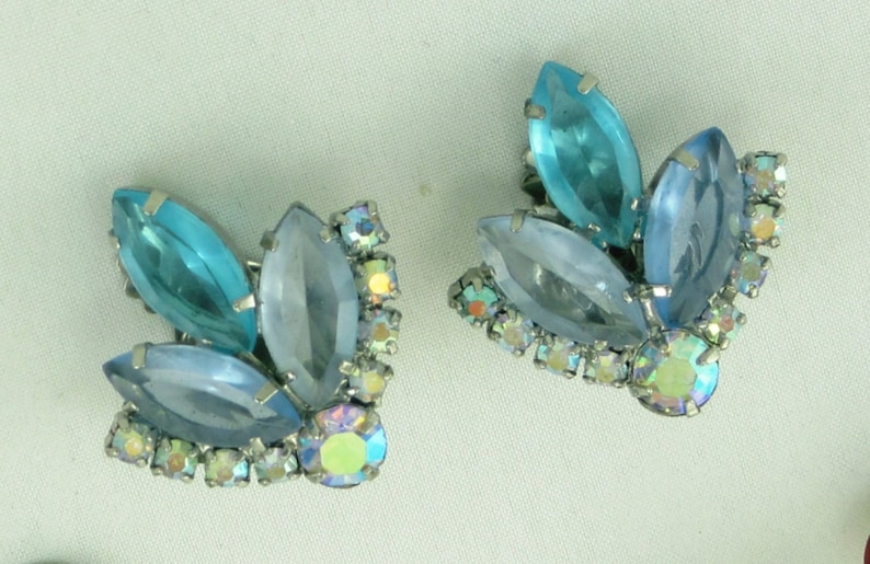 Vintage Tri Color Blue Rhinestone Sparkly Earrings; Juliana Weiss Collaboration