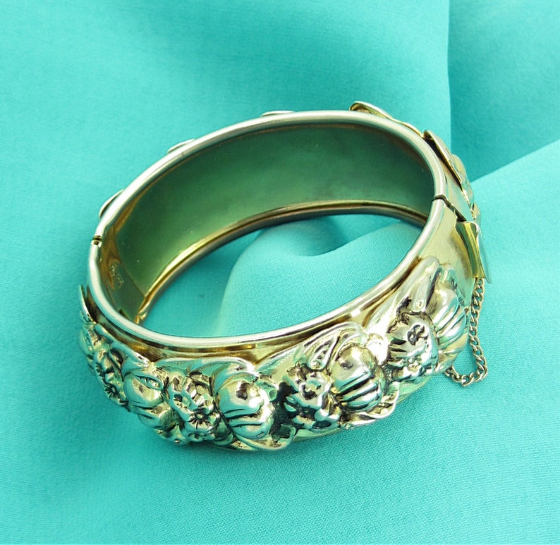 Vintage CORO Pegasus Signed Repousse Hinged Bangle Bracelet; Poppy Flowers Floral Wedding