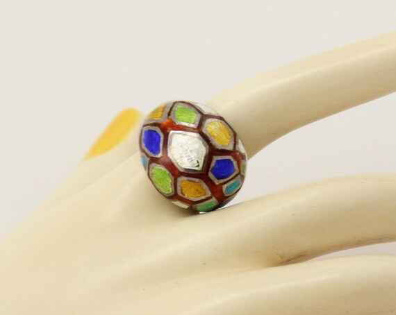 80s Colorful Enamel Dome STERLING Ring; Size 6; C… - image 1