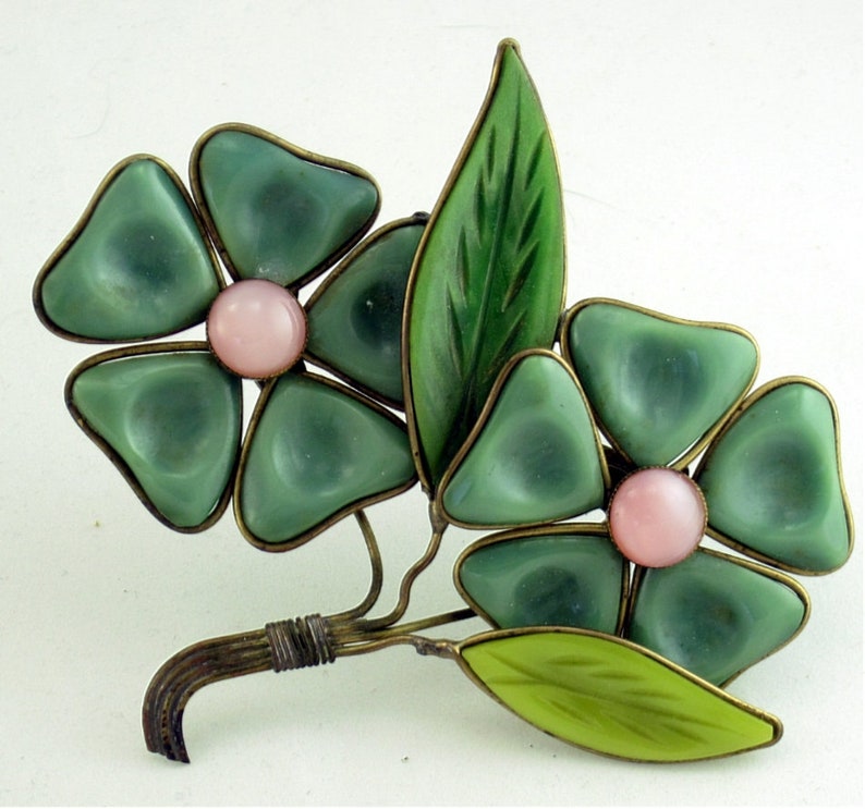 Plastic Poured Glass Style Flower Bouquet Brooch; Wire Caged Petal Corsage Faux French Gripoix