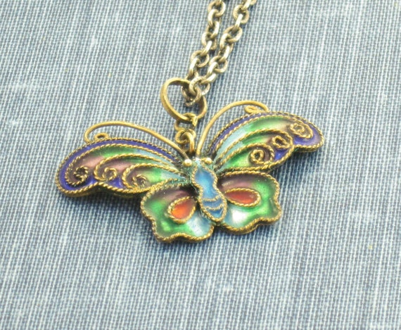 Colorful 50s Style Enameled BUTTERFLY Pendant Cha… - image 6