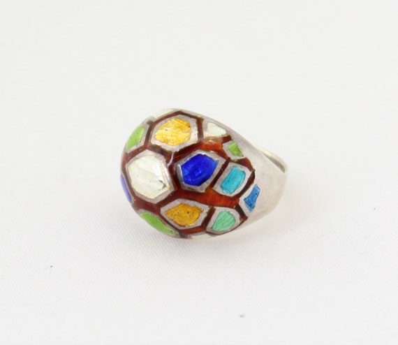 80s Colorful Enamel Dome STERLING Ring; Size 6; C… - image 2