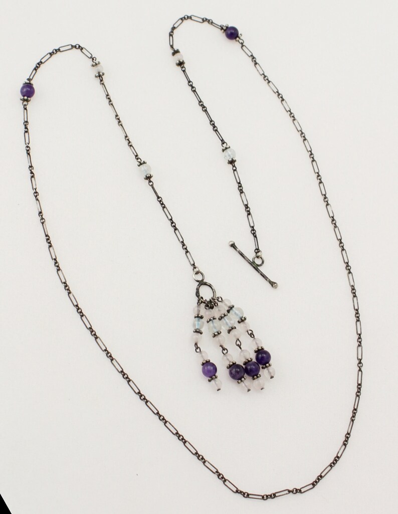 Amethyst 925 Rock Crystal Bead Long Tassel Fringe Pendant Necklace
