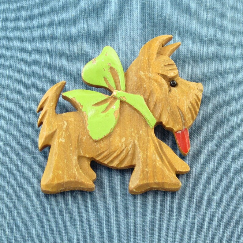 1930 40s Large Carved Wood Scotty Dog Pin