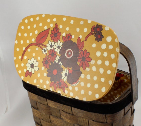1970s Hand Painted Woven Wood Basket Box Purse Ha… - image 4