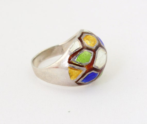 80s Colorful Enamel Dome STERLING Ring; Size 6; C… - image 3