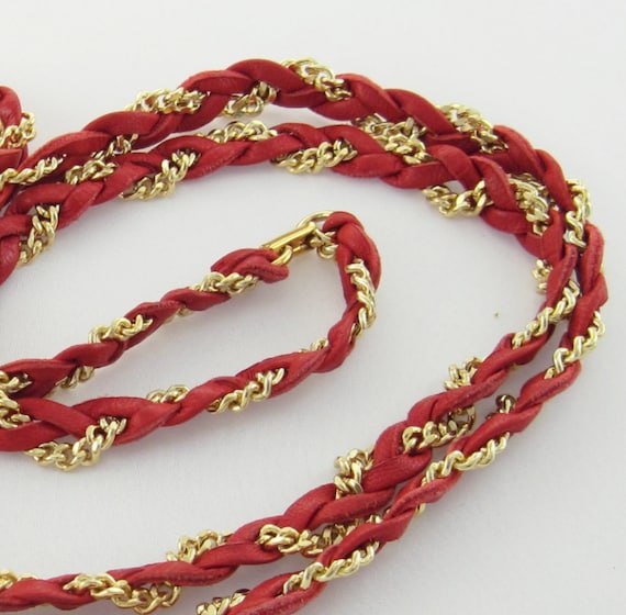 CHANEL STYLE 80s Braided Red Leather GT Chain Bel… - image 2