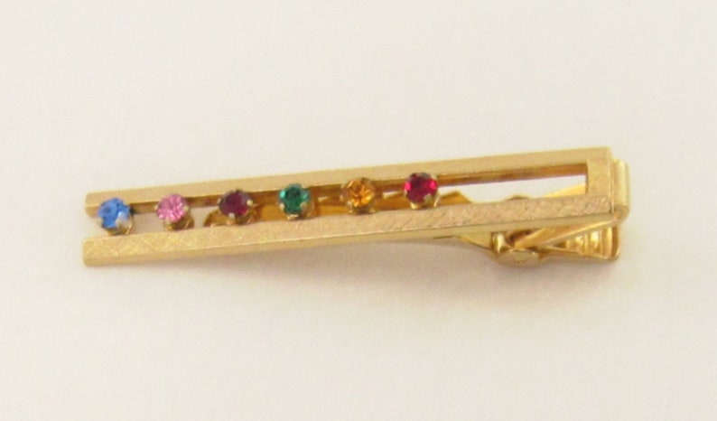Vintage 60s Rainbow Rhinestone Colors ANSON Tie Bar Clasp Clip; Multi Color GT