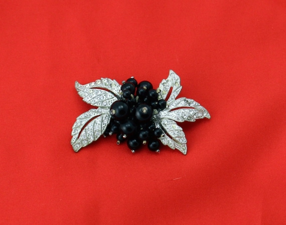 1930s Early HASKELL Black Berry Leaves Pave Rhine… - image 1