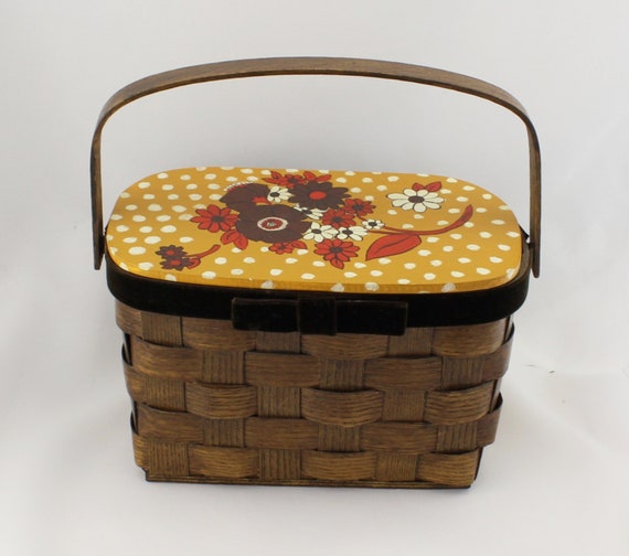 1970s Hand Painted Woven Wood Basket Box Purse Ha… - image 5