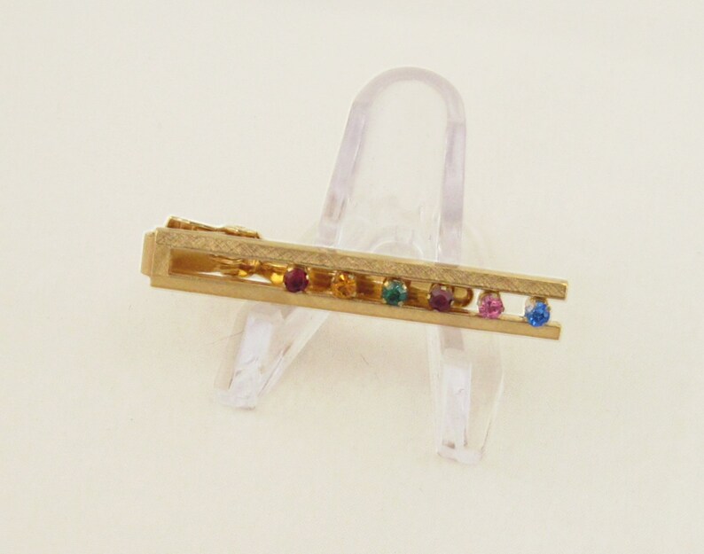 Vintage 60s Rainbow Rhinestone Colors ANSON Tie Bar Clasp Clip; Multi Color GT