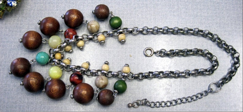Fringe Dangle Wood Glass Bead Vintage Necklace; Bakelite Era Flapper Deco Haskell-esque