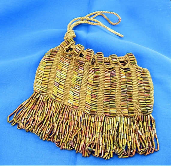 1920s DECO Flapper Draw String Fringe Copper Bead… - image 2