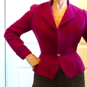 Sculpted THIERRY MUGLER 80s Raspberry Crepe Wool COUTURE Peplin Jacket; Size 38
