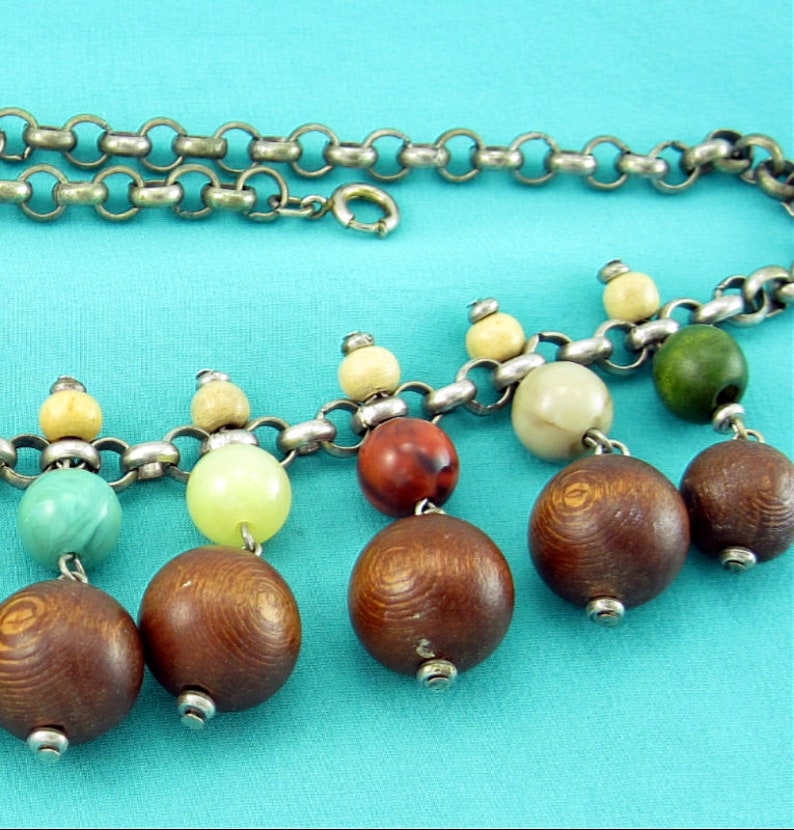 Fringe Dangle Wood Glass Bead Vintage Necklace; Bakelite Era Flapper Deco Haskell-esque