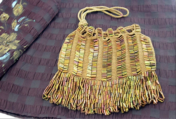 Vintage 20s Deco Flapper Draw String Copper Bead B