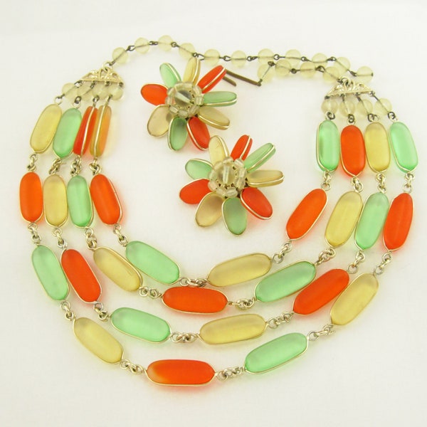 50s WEST GERMAN Satin Glass Gum Drop Colors Necklace Clip Earring Set; Four 4 Strand