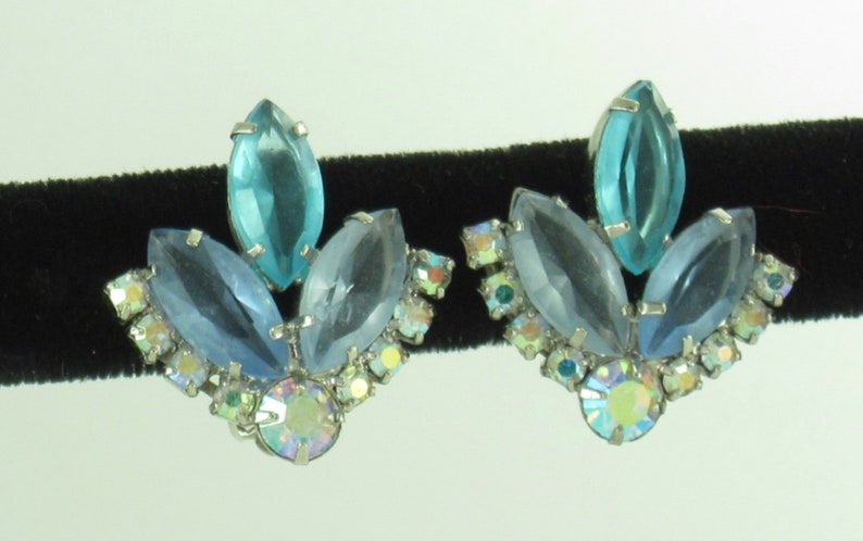 Vintage Tri Color Blue Rhinestone Sparkly Earrings; Juliana Weiss Collaboration