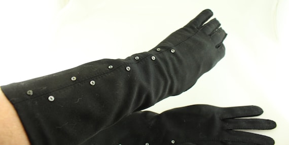 1940s Black VAN RAALTE  Long Cotton Gloves Button… - image 1
