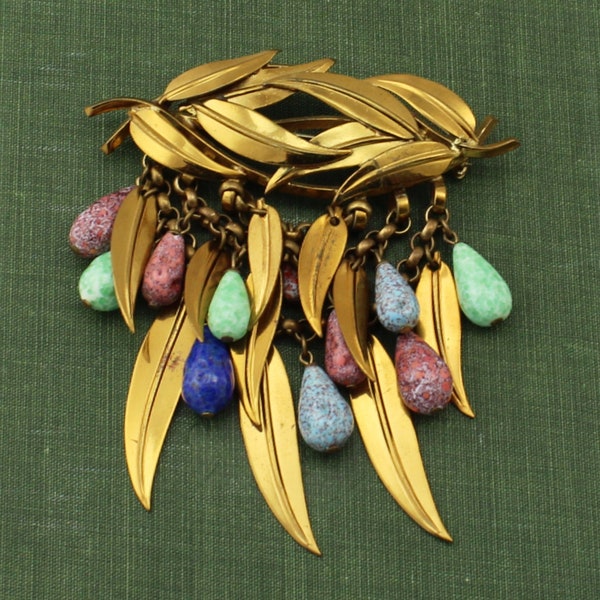 Large 1940s Leafy Triple Swag Dangly GT Pin; HASKELL HESS Style; Charitable Donation