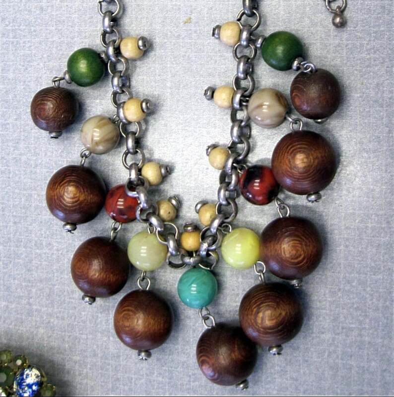 Fringe Dangle Wood Glass Bead Vintage Necklace; Bakelite Era Flapper Deco Haskell-esque