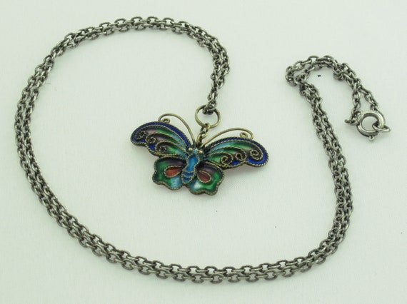 Colorful 50s Style Enameled BUTTERFLY Pendant Cha… - image 2