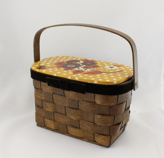 1970s Hand Painted Woven Wood Basket Box Purse Ha… - image 8