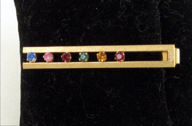 Vintage 60s Rainbow Rhinestone Colors ANSON Tie Bar Clasp Clip; Multi Color GT