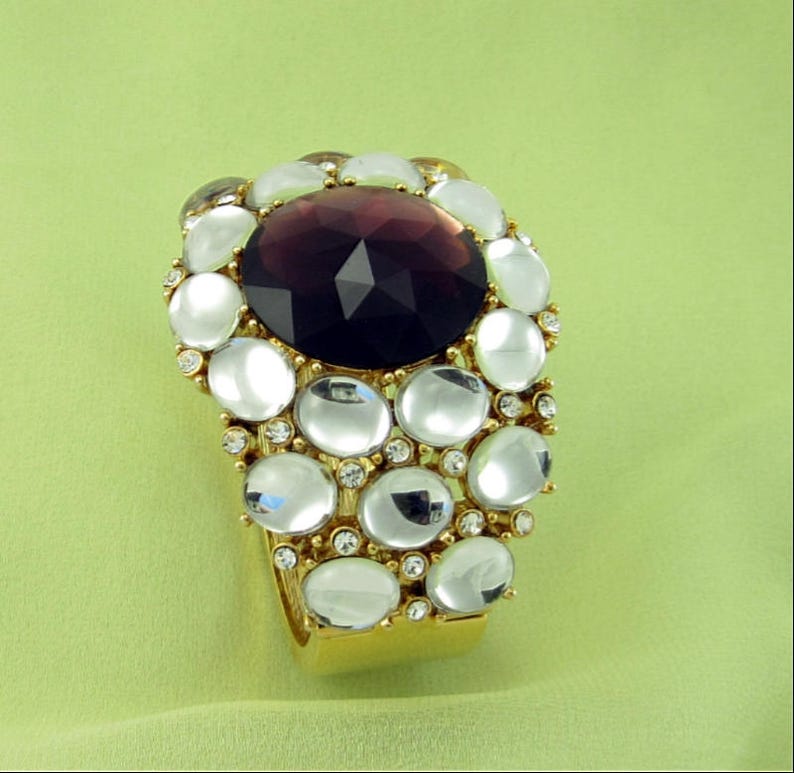 Retro Vintage SCAASI Purple Rhinestone Mirror Back Hinge Cuff Bracelet