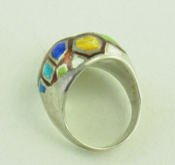 80s Colorful Enamel Dome STERLING Ring; Size 6; C… - image 5