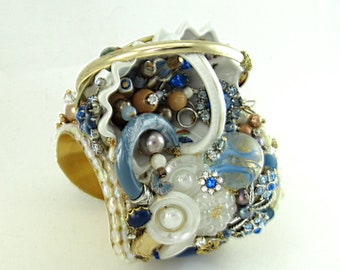 Mini Sculpture Ruffled White Basket ART COUTURE Assemblage Cuff Bracelet; Disaster Relief