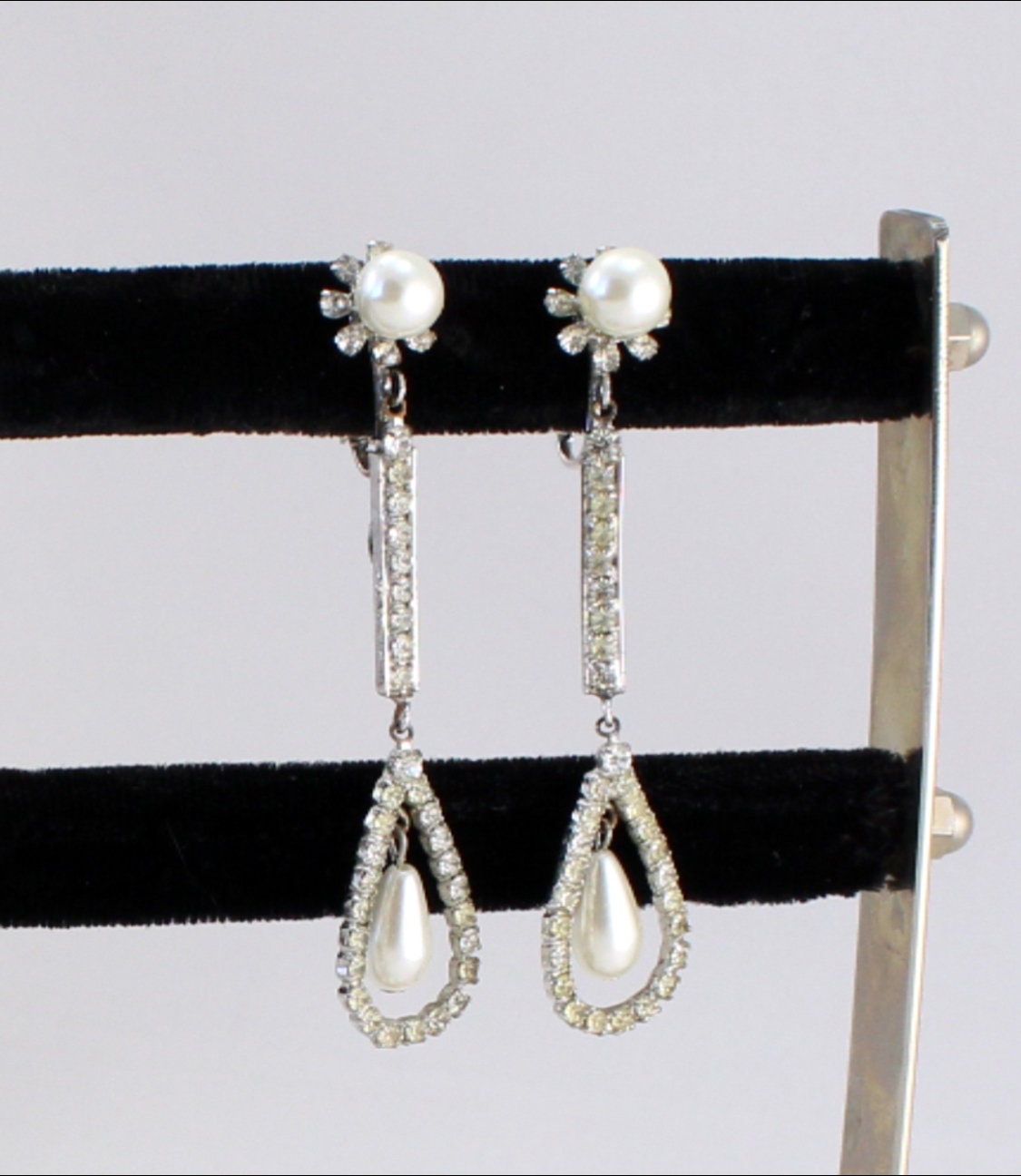 KRAMER of New York 60s Pearl Rhinestone ADJUSTABLE Clip Earrings; Charitable Donation