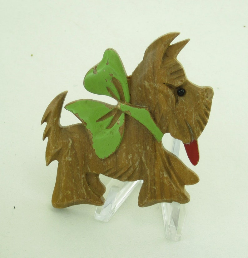 1930 40s Large Carved Wood Scotty Dog Pin